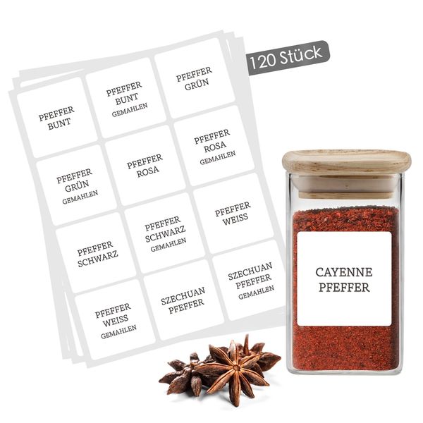 Gewürzetiketten Selbstklebend Beschriftet Wasserfest Etiketten Gewürze Sticker Beschriftung Aufkleber für Gewürzgläser Gewürzdosen Spice Jar Labels | Celeko Gewürzaufkleber Quadratisch Weiß 120 St