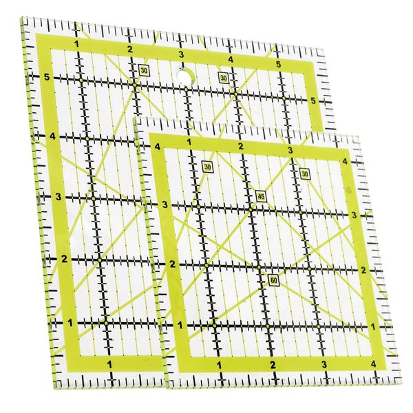 Sewing Ruler Quilting Rulers: 2 Pcs 4.5inch & 6 Inch Acrylic Square Quilting Templates With Coloured & Grid Lines, Non-Slip Print Quilters Ruler for DIY Crafts Patchwork and Fabric Precision Cutting