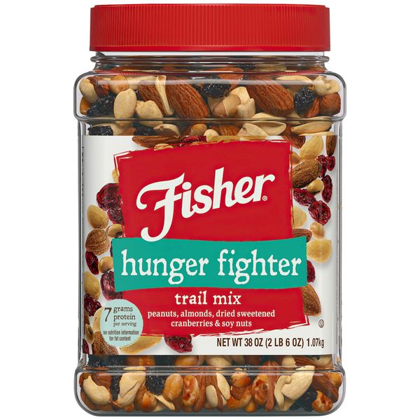 Fisher Snack Hunger Fighter Trail Mix, 38 Ounces, Peanuts, Almonds, Dried Sweetened Cranberries, Soy Nuts