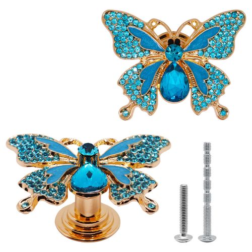 YuGtcen 2pcs Cabinet Knobs, Crystal Knobs for Drawers, Butterfly Knob for Dresser, Decorative Handles Cute Butterfly Drawer Pulls for Kitchen, Girls Room, Bathroom (Blue Diamond)