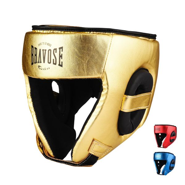 BRAVOSE Fearless Boxing Headguard | Velcro Boxing, Training, Sparring & Martial Arts Headgear | Adjustable Head Guard for Ear, Cheek, Face Protection | Helmet for MMA, Kickboxing, Taekwondo (Gold)