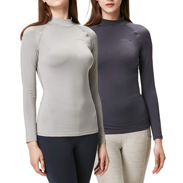 DEVOPS Women's 2 Pack Thermal Turtle Long Sleeve Shirts Compression Baselayer Tops (X-Large, Charcoal/Light Grey)