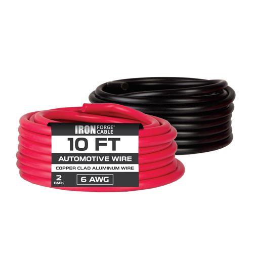 Iron Forge Cable 6 Gauge Wire - 2 Pack 10ft Copper Clad Aluminum Primary Wire - 6 AWG Heavy Duty Cables for Battery or Automotive - 1 Red and 1 Black
