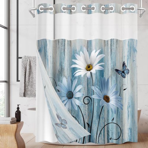 Nesphy No Hook Blue Daisy Shower Curtain with Snap in Fabric Liner Set, Wooden Boards Double Layers Waterproof Fabric with See Through Top Window Open Grommet Bath Curtain 71x86 Inch