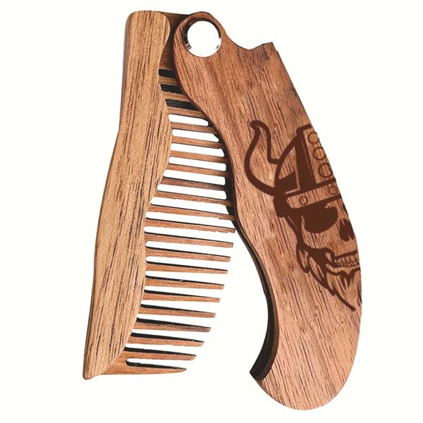 Beard Comb for Men Pocket Folding Combs for Mustache & Hair Travel Natural Wooden Comb with Real Man Engraving - Perfect for Use w/Beard Balm Oil (Wavy Viking) Light Brown