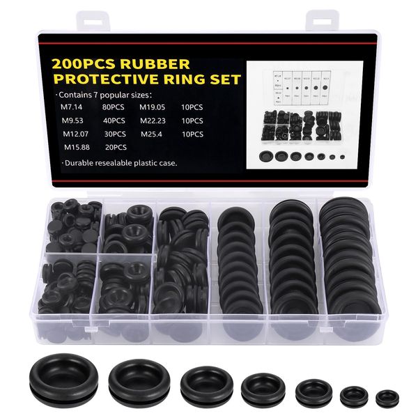 Zocipro 200Pcs Rubber Grommet Kit, 7 Sizes Rubber Hole Plugs Electrical Wire Gaskets Assortment, Rubber Grommets for Protecting Wires, Plugs, Cables Holes