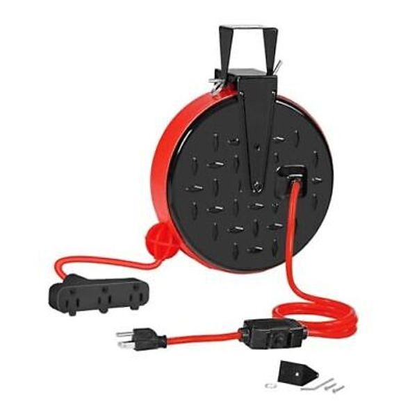 30 Ft Retractable Extension Cord Reel, 16/3 Gauge SJTW Black/Red--red Cord