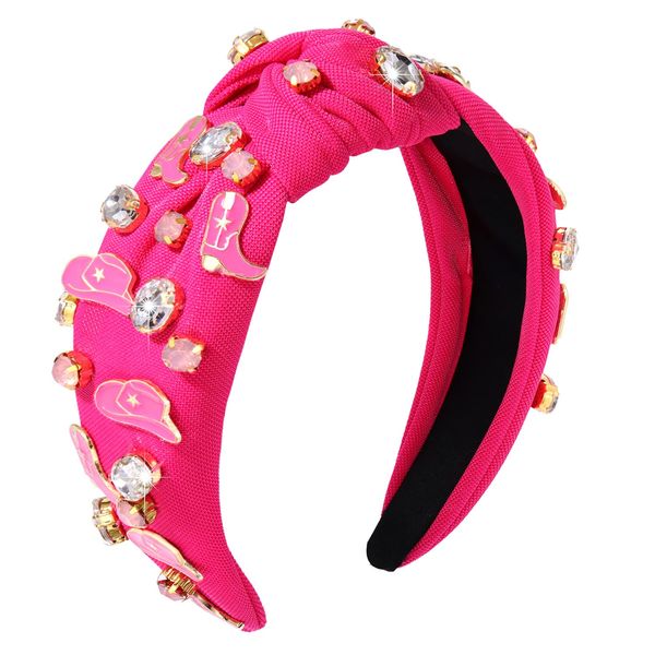 mokkia Hot Pink Headband Western Headbands for Women Jeweled Rhinestone Crystal Knotted Headbands Wide Cowgirl Cowboy Boots Hats Hairbands Cowgirl Hair Accessories Spring Summer Headwear (Rose Red)