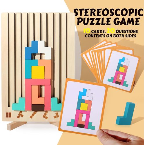 CHIYR 3D Russian Block Puzzle Montessori Toy Art, 42 Pcs Wooden Brain Teasers Stacking Puzzle Toy, Giant Board Game, Wood Stacking Blocks Stress Toys for Family Easter Activity