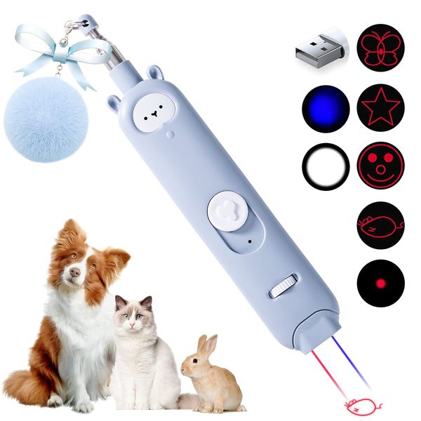 Gochanmon Cat Laser Toys, 2 in 1 Laser Pointer Cat Toys,Internative Cat Toys for Indoor Cats,3+5 Light Modes Cat Wand Toy, Retractable Cat Feather Toys, Long Range Kitten Toys,USB Rechargeable (Blue)