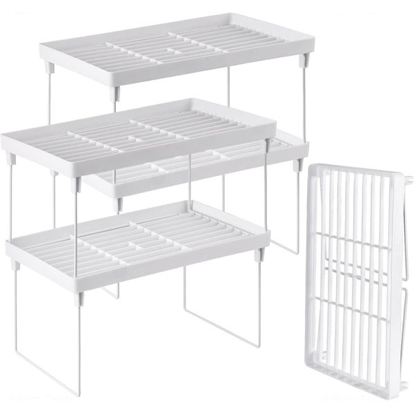 Stackable Plastic Kitchen Storage Shelf Foldable Rack 4-Pack Cabinet Organizer