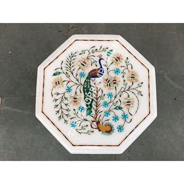 12" White Marble Coffee Table Top Peacock Inlaid Multi Art Bedroom Decor...