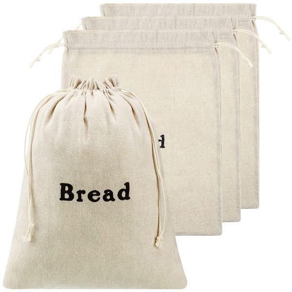 Woanger Linen Bread Bags (3 Packs) Burlap Reusable Drawstring Bread Bags 12 x 15 Inch Unbleached Loaves Pastries Bags Handmade Food Storage for Bakery Baguette Picnic Wedding Wrapping Camping