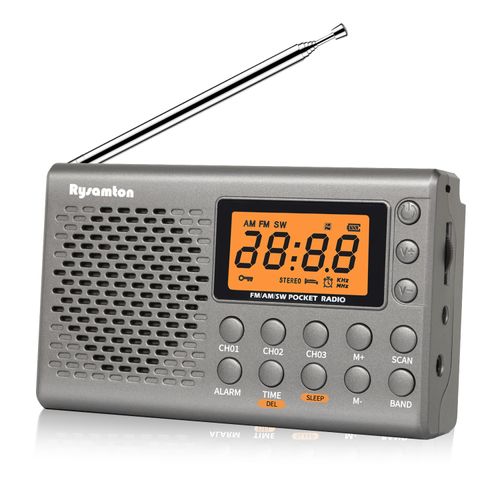 Rysamton Portable AM/FM/Shortwave Radio, Batteries Operated Pocket Radios, Large Digital Display, Clock Radio with Alarm and Sleep Function, Earphone Included