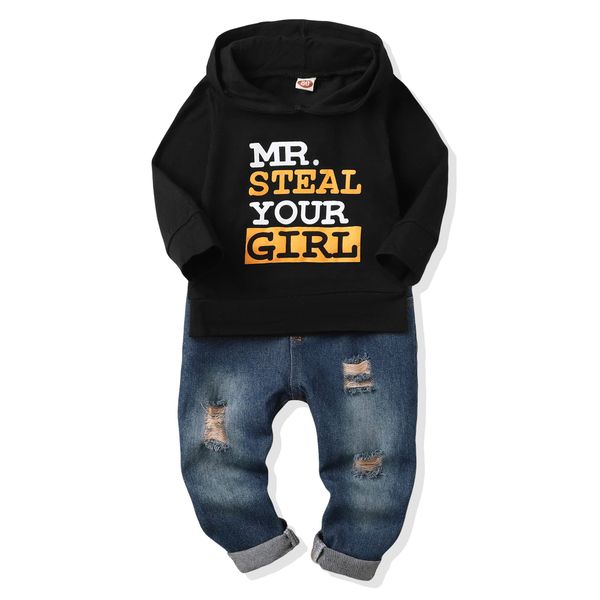 NZRVAWS 12 Months Boy Clothes Toddler Boy Outfit Hoodie Sweatsuit Tops +Ripped Jean Long Pants Fall Winter 2 Piece Outfits Set for Baby Boy