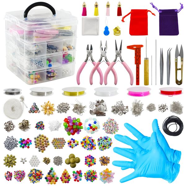 4 Layer Jewelry Making Supplies Kit with Jewelry Making Tools, Jewelry Charms and Wire, Findings and Assorted Beads for DIY Bracelet, Necklace, Earrings Making or Repairing