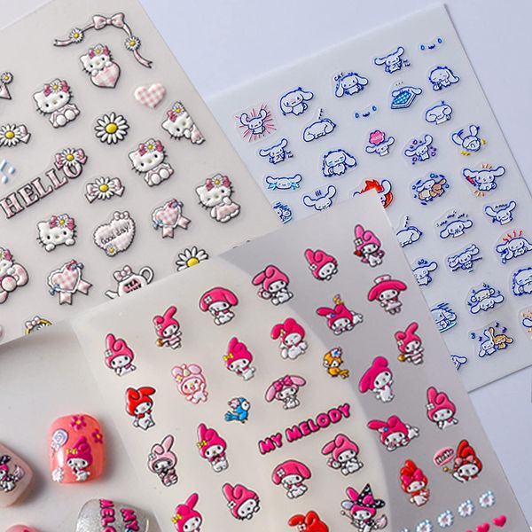 5D Nail Art Stickers Kawaii Self-Adhesive Anime Nail Stickers for Nails Art Design for Women Girls, 3 Sheets Cute Cartoon Nail Art Supplies