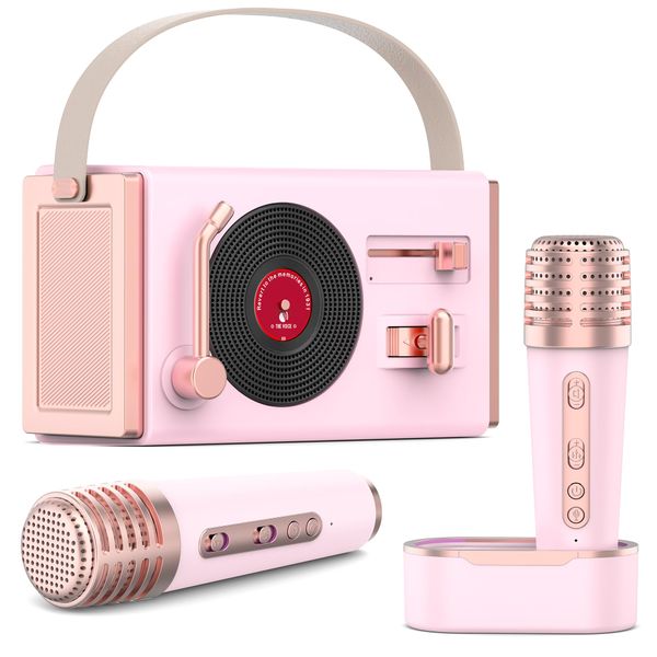 WowMoment Mini Karaoke Machine for Kids&Adults, Portable Bluetooth Speaker with 2 Wireless Microphones, Stereo Sound Enhanced Bass and 5 Unique Sound, Gifts for Girls, Pink