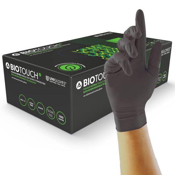 Unigloves BioTouch Nitrile Disposable Gloves - Biodegradable, Multipurpose, Medical Grade Examination Gloves - Box of 100 Gloves, Black, Medium (GM0093)