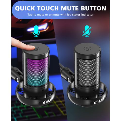 NJSJ Microphones PC, Gaming Microphone for PS4 PS5, RGB USB C Podcast Microphones with Mute Button, Tripod, Pop Filter, Shock Mount for Streaming, Gaming Setup