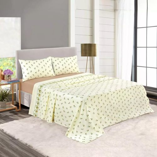 Rohi Rosebud Floral Flannelette Brushed Cotton King Size Bed Sheet Set | 1x Flat Sheet | 1x Fitted Sheet and 2x Pillow Covers (King, natural)
