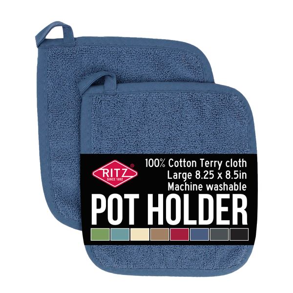 Ritz Terry 100% Cotton Potholders - Heat Resistant, Ergonomic Grip, Machine Washable - Federal Blue, 2-Pack