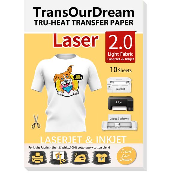 TransOurDream Tru-Transfer Paper Laser Printer Printing Inkjet Heat Transfer Vinyl 10 Sheets A4 Iron On Transfers Printable Htv for Light Fabric & T-Shirts Easy to Use Vibrant Colour