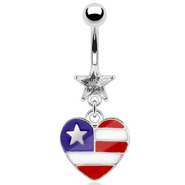 Belly Button Ring Prong Star Dangle Navel Ring with Epoxy Heart Shaped American Flag 316L Surgical Steel