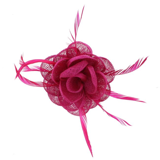 Zac's Alter Ego Fuchsia Pink Rose Net Fascinator with Feathers on Clip & Brooch Pin