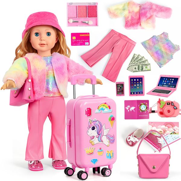 American 18 inch Doll Clothes and Accessories - Doll Travel Suitcase Luggage, Doll-Clothes and Shoes, Bag, Sunglasses, Camera, Passport, Notebook, Phone, pad Doll Travel Gear Play Set Fit 18 inch Doll