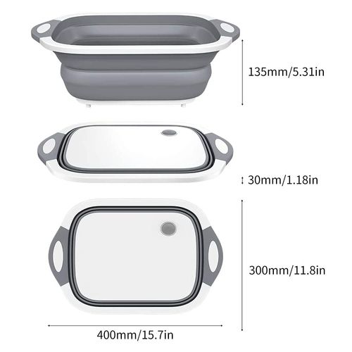 HOKANG Upgraded Collapsible Cutting Board, Foldable Chopping Board with Draining Plug & Colander, Multifunctional Kitchen Vegetable Washing Basket Silicone Dish Tub for Indoor and Outdoor