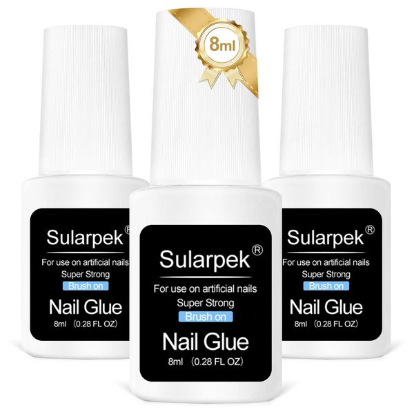 Sularpek 3 Pcs 8ml Strong Nail Glue, Acrylic Nail Glue, Quick Dry Super Strong Nail Tip Adhesive Bond Glue, Nail Adhesive Glue for Fake Nails, for Applying Artificial Nail Tips Manicure Supplies