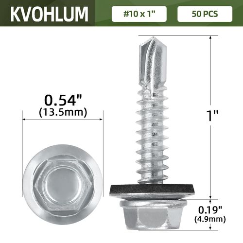 #10 x 1 (50 PCS) Metal Roofing Screws with Rubber Washer, Hex Head Metal to Wood Self Tapping Siding Screws, Self Drilling Sheet Metal Screw, Hex Bit Socket Included