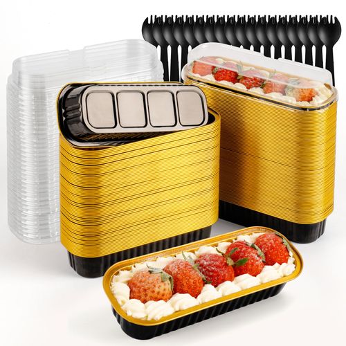 FNIU 30Pcs Mini Loaf Pans with Lids, Aluminum Foil Baking Pans, Rectangle Mini Cake Pans, Brownie Baking Cups for Wedding Birthday Party (Black Gold)