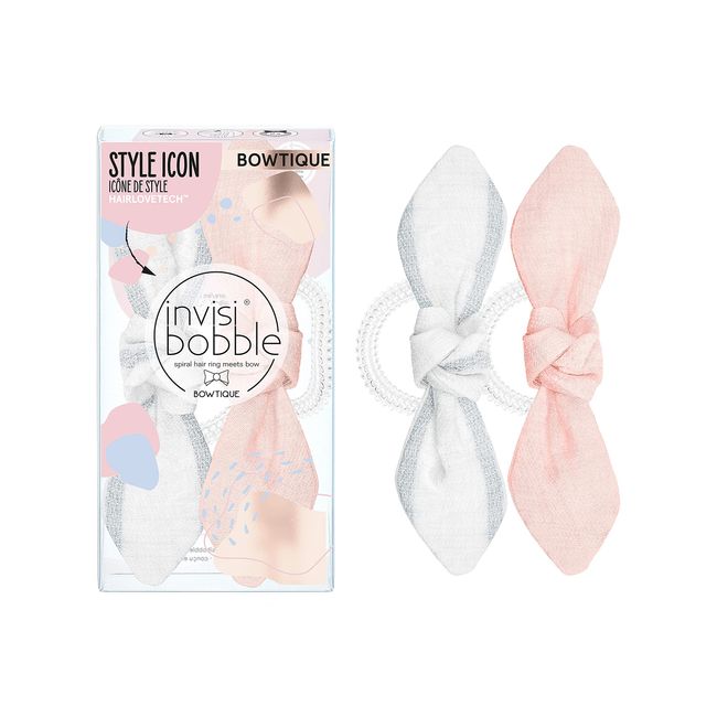 Invisibobble Bowtique "Lemming Go" Duo Set Hair Bow I 2 x Hair Scrunchies Bow Pink White I Hair Accessories for Girls and Women I Limited Collection Nordic Breeze