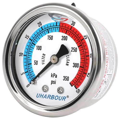 UHARBOUR Water Pressure Gauge,Glycerin Filled, 0-50 PSI/350KPA Test Gauge for The Irrigation, Pools; 2" Dial, 1/4" NPT Back Mount with Seal Tape