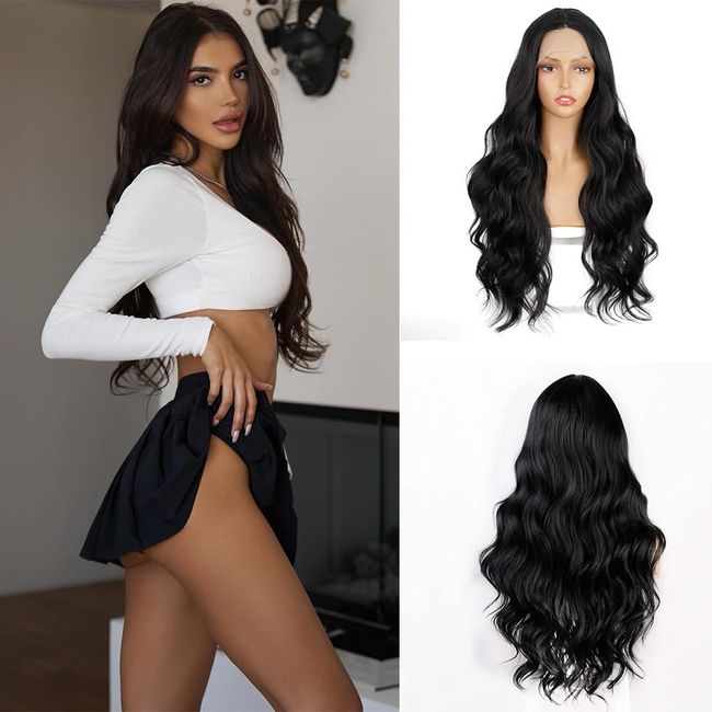 Salomezklm Natural Black Lace Front Wig Body Wave Lace Front Wigs for Black Women,Long Wavy Synthetic Lace Wigs Natural Hairline Middle Parting Wigs For Daily Use 24 Inches