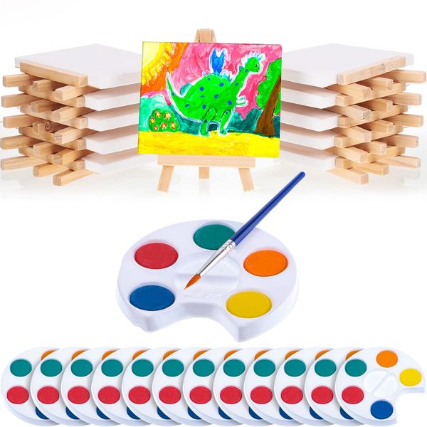 Glenmal Watercolor Paint Sets 3 x 4 Small Painting Canvas with Easel Paints Brush Set Kids Art Party Favors and Party Supplies Washable Watercolor Bulk for Kids Birthday Prizes (12 Sets)