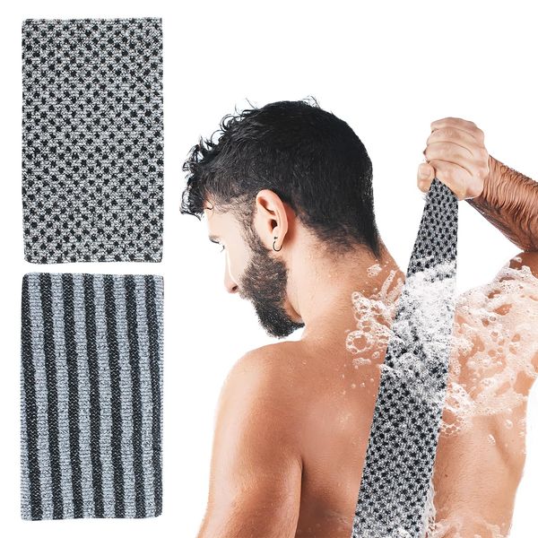 Exfoliating Towel Shower Scrubber for Body Wash, 100×25cm Shower Back Exfoliator 3D Weaving Wash Cloth for Cleaning Loofah Net Sponge for Men Women Skin Care, Black(2Pcs)