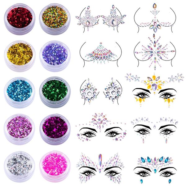10 Sets Face Jewels Body Gems Stickers Coachella Burning Man Glastonbury Summer Mermaid Face Body Jewels Crystal Stickers with 10 Boxes Chunky Face Glitter for Festival Rave Party
