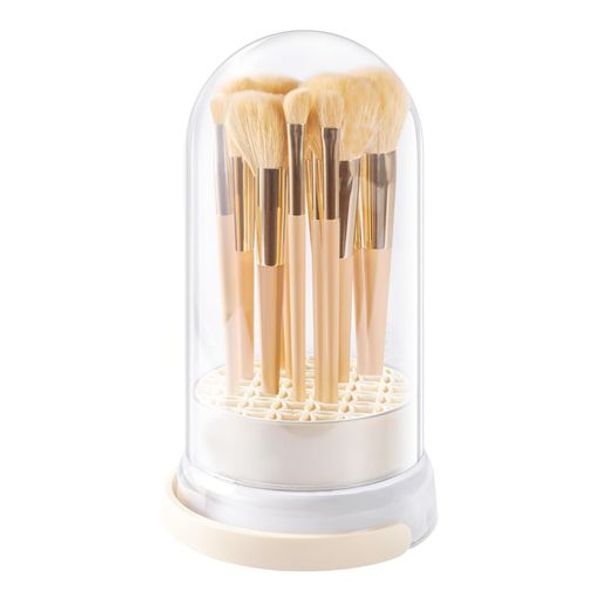 KEILEND Makeup Brush Case, Makeup Brush Stand, Makeup Brush Storage, Lid Included, Large Capacity, Makeup Brush Holder, Dividers, Makeup Brush Holder, Makeup Brush Cleaning, Hangable, Brush Drying Stand, Dust Prevention, Removable, Stylish, Beige