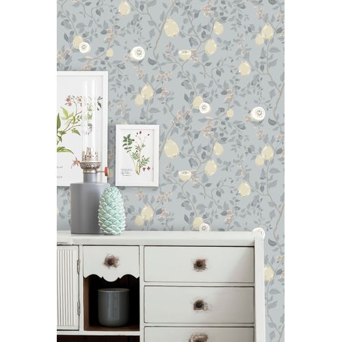 KUKANTST Wallpaper Gray and Blue Floral Lemon Leaf Contact Paper Peel and Stick for Kitchen Bedroom Cabinet Renter Friendly Self-Adhesive Removable Waterproof Boho Wall Murals Vinyl 17.7"x78.7"
