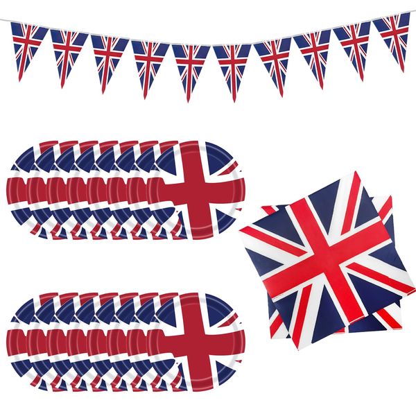 25-Piece Union Jack Party Supplies Set, Union Jack Themed Paper Plates, Tissues and Pull Flags, Queens Golden Jubilee 2022 Decoration Party Supplies, Union Jack Flag Party Supplies