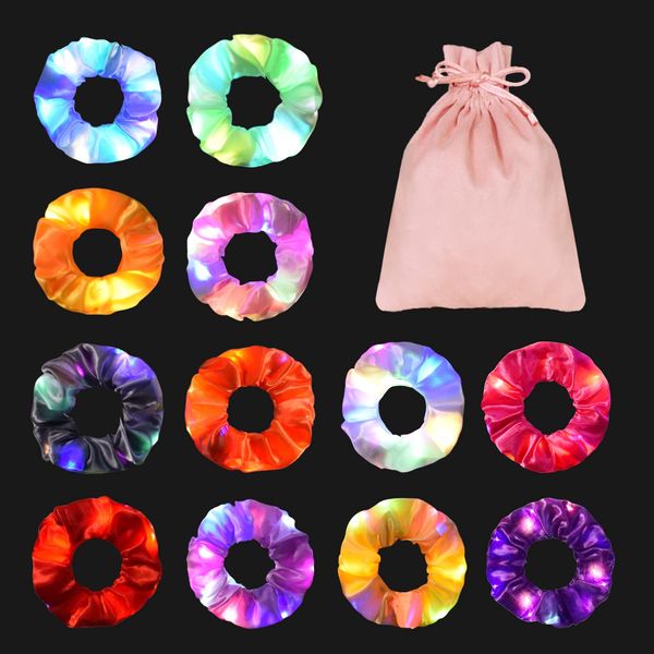 12PCS LED Hair Scrunchies,URSMART Light up Scrunchies Led Light Hair Bands with Gift Bage Glow in the Dark Hair Scrunchies Multi Light Modes for Girls,Glow Party Christmas Hair Accessories