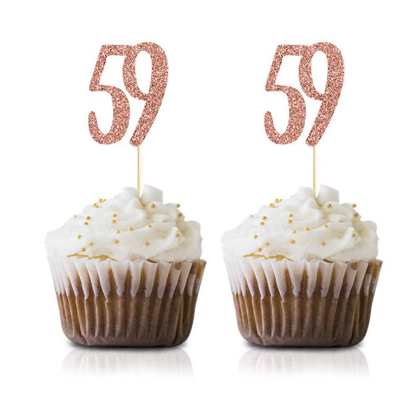 Rose Gold 59th Birthday Cupcake Topper, 24-Pack Number 59 Glitter Happy Birthday Party Cupcake Toppers, Decorations