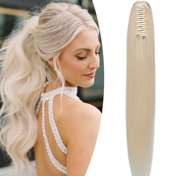 14 inches SEGO Ponytail Extension Human Hair Claw on [#60 Platinum Blonde] Clip in Remy Real One Piece Hair Piece for Women Straight Natural (105g)