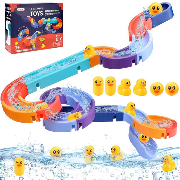 Pipihome Bath Toys, 34Pcs Kids Bath Toys Balls Track Game Bath Shower Bathtub Toys, Water Slide with Suction Cups Water Toys, Bath Time DIY Educational Bath Toys for 3 4 5 6 Year Olds Toddlers Kids