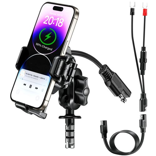BRCOVAN Motorcycle Fork Stem Phone Mount Holder with Qi 15W Wireless Charger & 36W PD/USB-C Fast Charging Port, Anti-Theft, with Vibration Dampener, 1s Lock & Release, Camera Friendly, Adjustable Size
