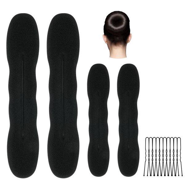 URAQT 4 Pcs Hair Bun Maker, French Hairstyle Easy Doughnut Styling DIY Bands, Foam Sponge Donut Maker Set with 10 Hair Pins for Making DIY Hair Styles, Black Magic Hair Twist Styling for Girls Women