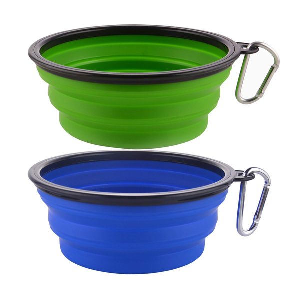 Guardians Large Collapsible Dog Bowls, 34oz Travel Water Food Bowls Portable Foldable Collapse Dishes with Carabiner Clip, 2 Pack (Green+Blue)